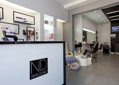 Interior view of ND Skin Clinic, Prestwich, England, featuring reception and product displays.