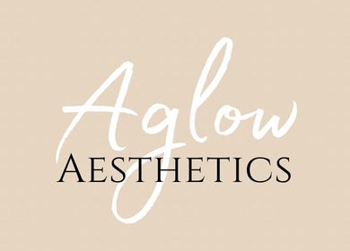 Logo of Aglow Aesthetics, Hyde, England, GB, showcasing elegant typography on a beige background.