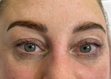 Close-up of styled brows and lashes at 33 Beauty and Aesthetics, Ilkeston, England, GB.