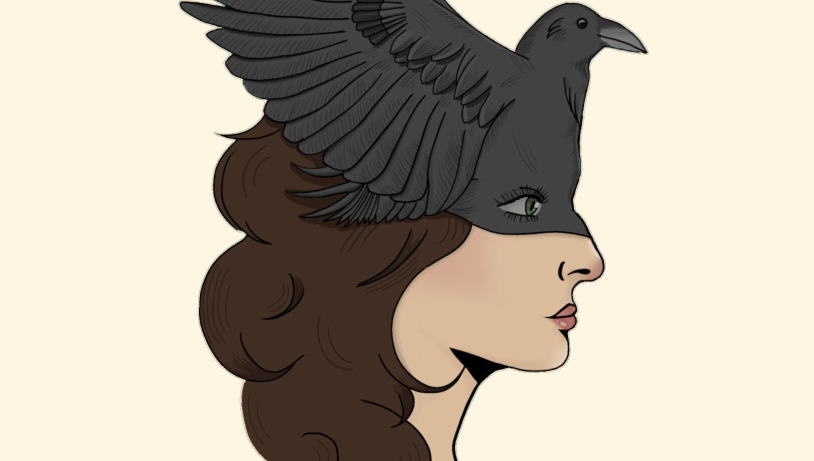 Artistic woman with raven mask illustration at Lady Bird Esthetics, Anderson, South Carolina, US.