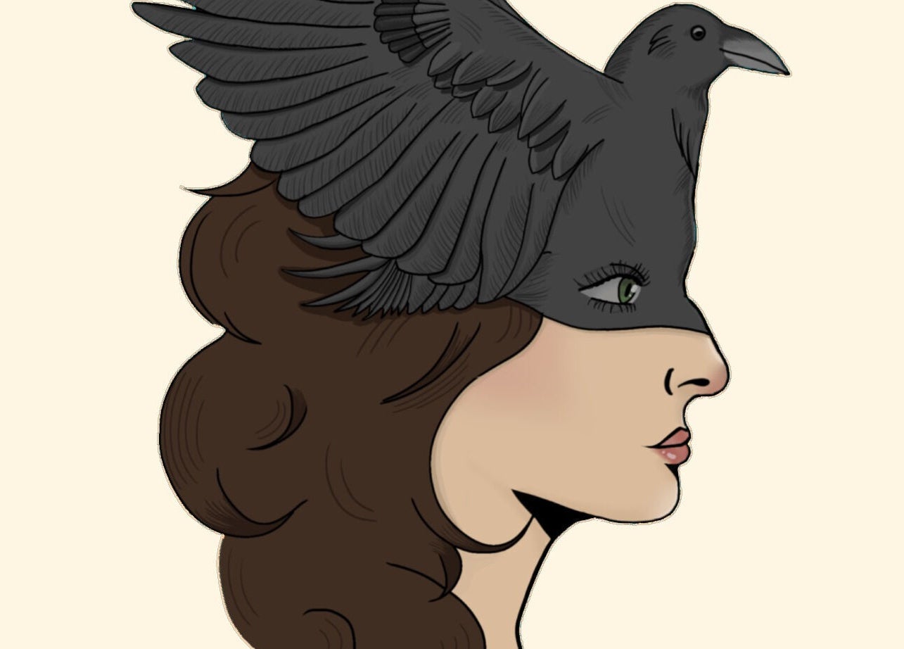 Artistic woman with raven mask illustration at Lady Bird Esthetics, Anderson, South Carolina, US.