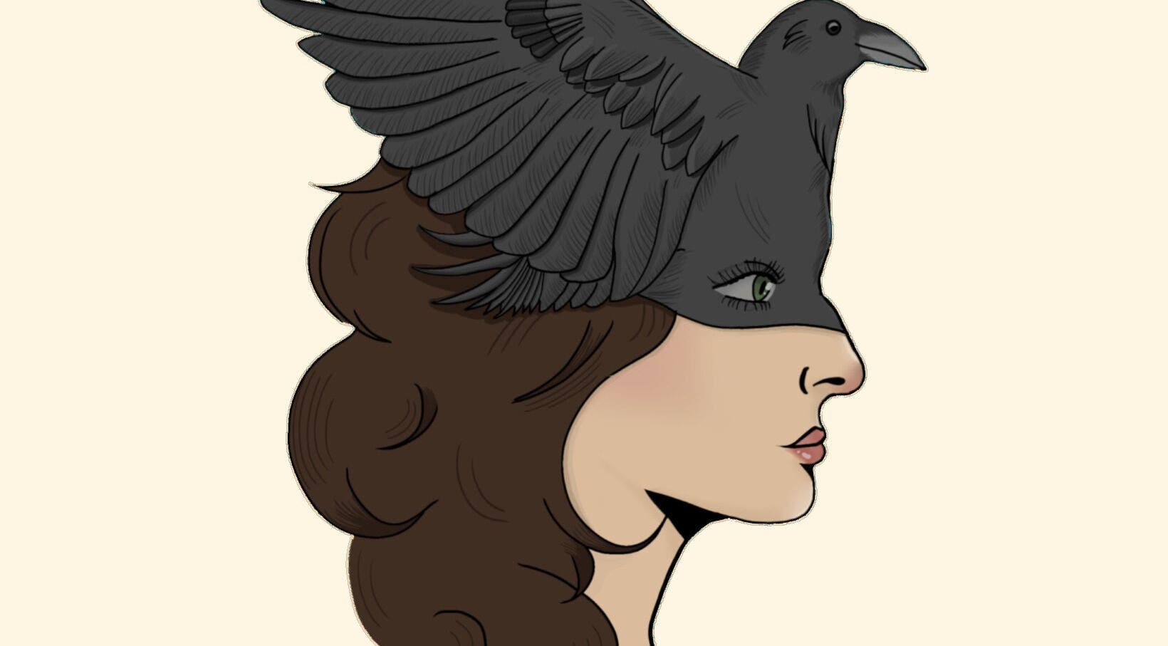 Artistic woman with raven mask illustration at Lady Bird Esthetics, Anderson, South Carolina, US.