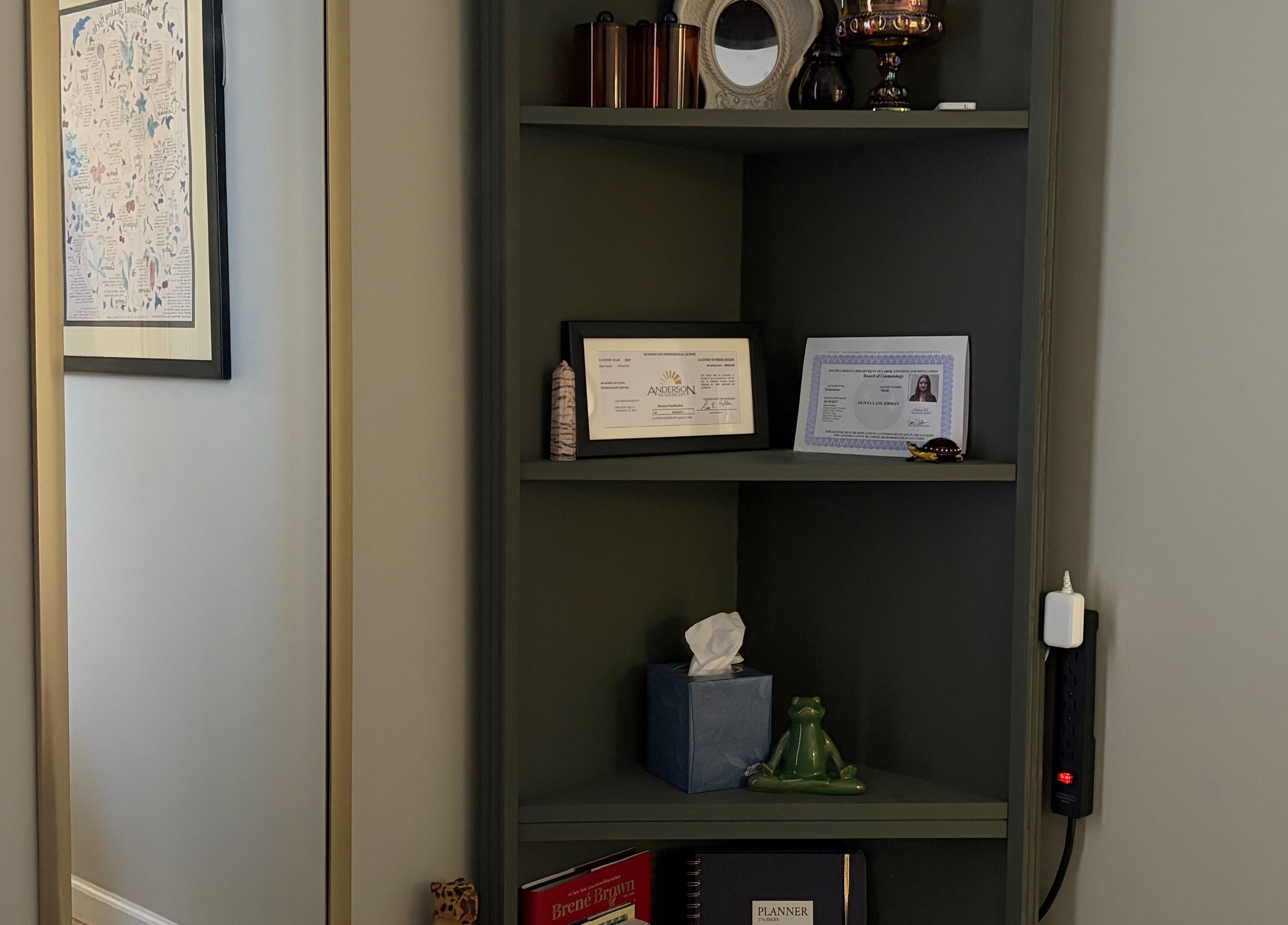 Elegant shelf with decor and certificates at Lady Bird Esthetics, Anderson, South Carolina, US.