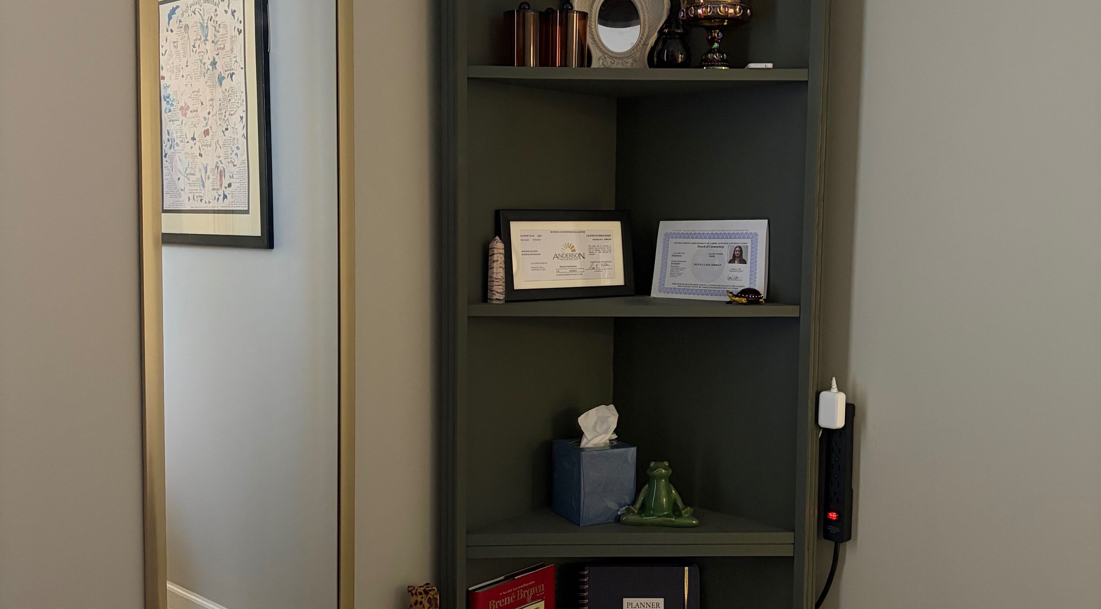 Elegant shelf with decor and certificates at Lady Bird Esthetics, Anderson, South Carolina, US.