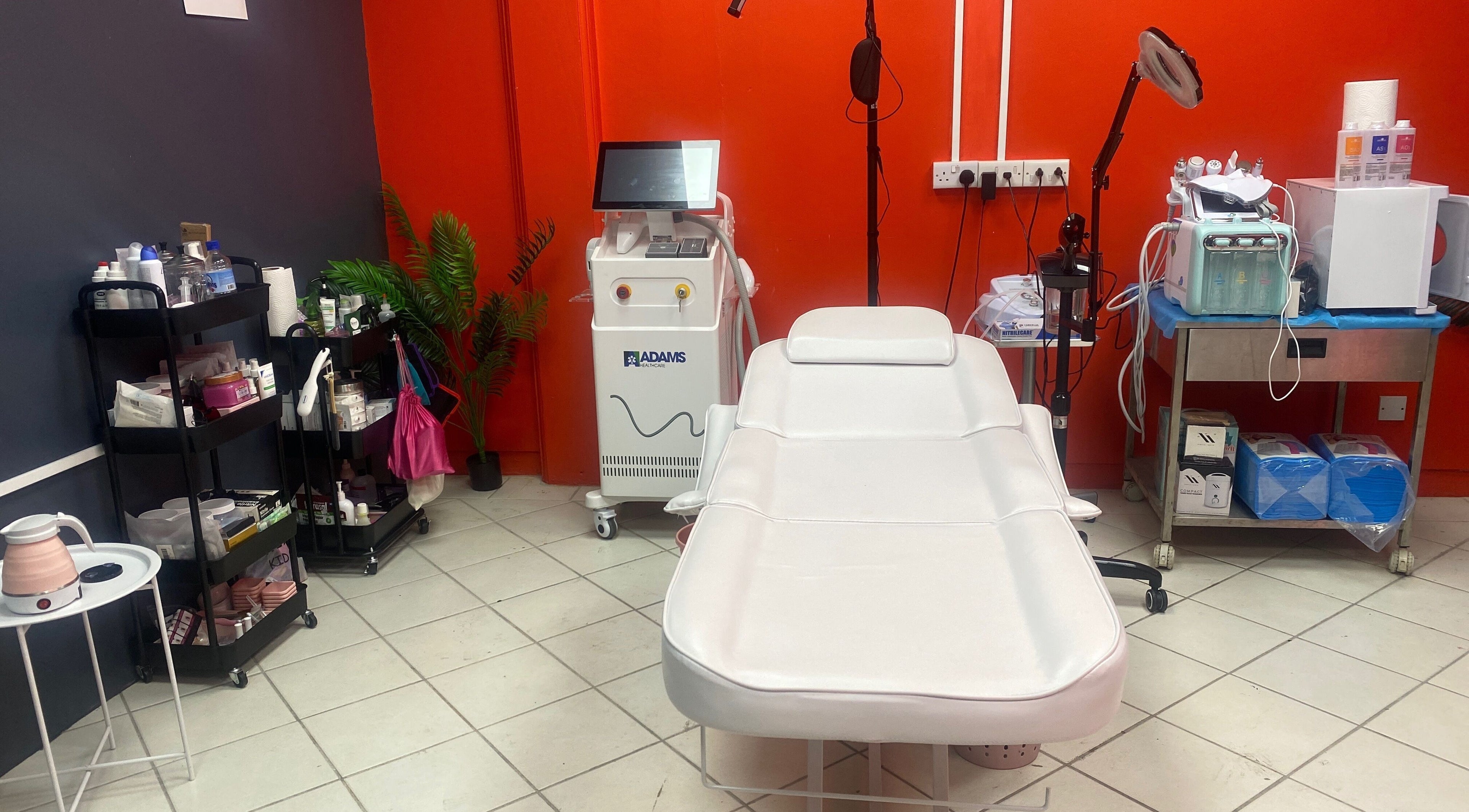 Treatment room at Adams House of Aesthetics, Roseau, Saint George Parish, DM, with modern equipment and supplies.