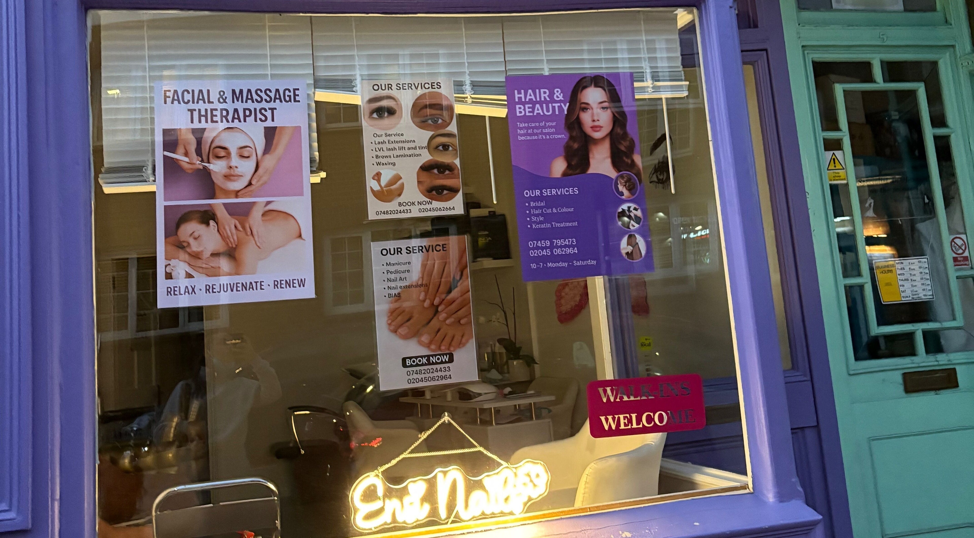 Blush Hair & Beauty window in London, England, GB showcases diverse beauty and wellness services.