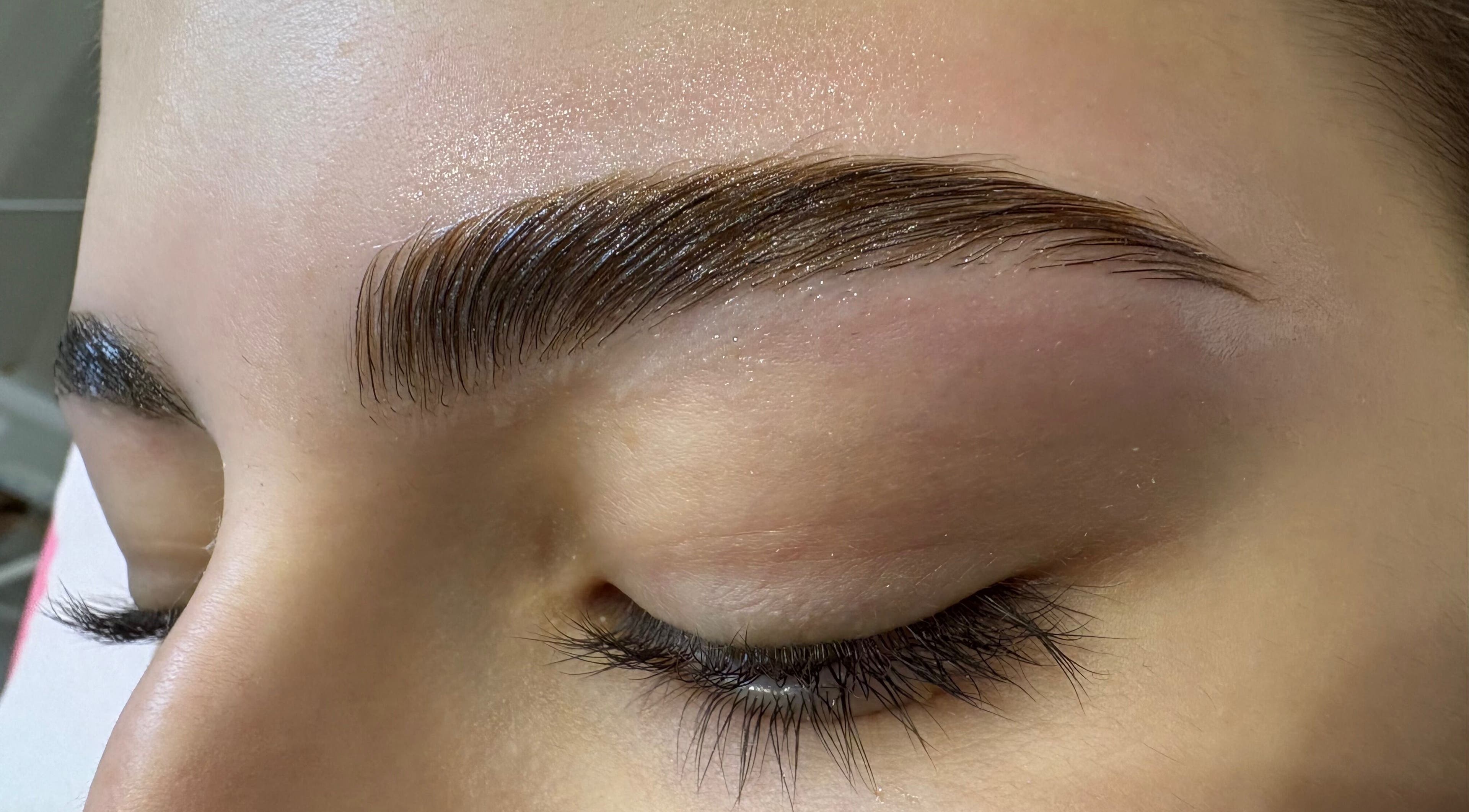 Close-up of perfectly shaped eyebrow at Blush Hair & Beauty, London, England, GB.
