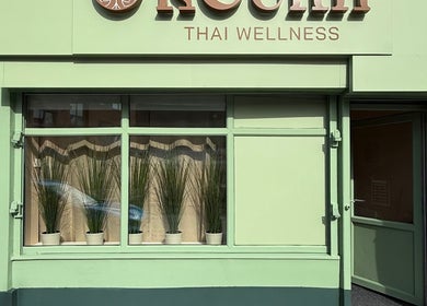 Roukh Thai Wellness Prestwich entrance with green facade, located in Prestwich, England, GB.