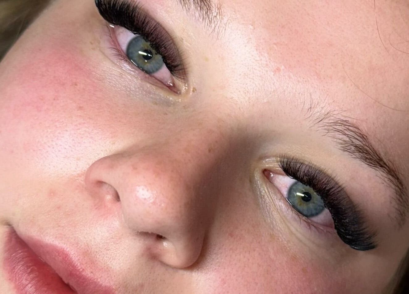 Close-up of expertly applied eyelash extensions at Lashes By Asia in Fall River, Nova Scotia, CA.