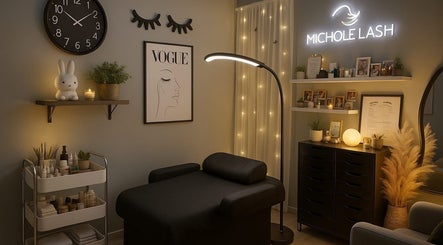 Relaxing treatment room at Michloe Lash, Singapore, SG, with soft lighting and modern decor.