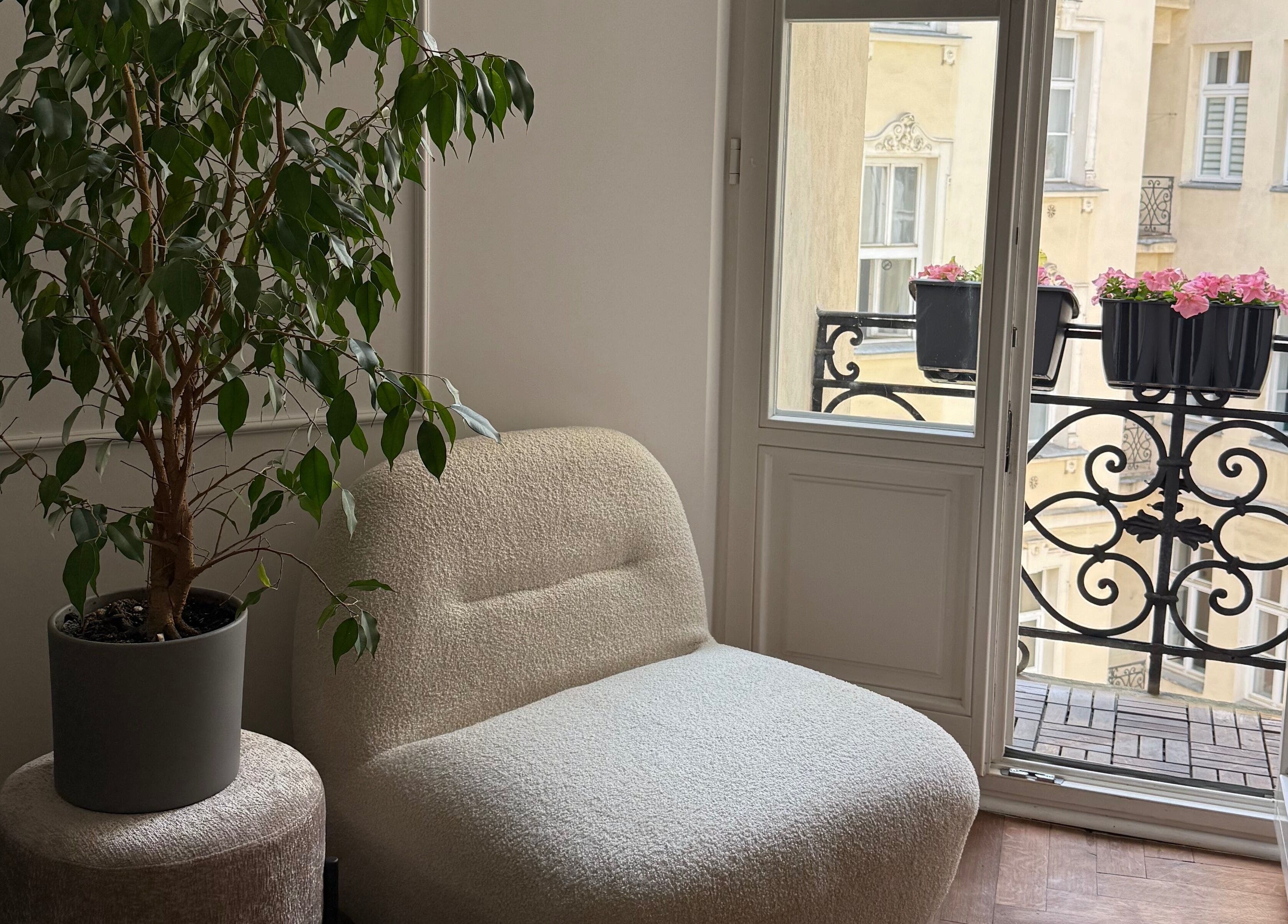 Przytulny kącik w 7Heaven Lashes and Brows, Warszawa, Województwo Mazowieckie, PL z rośliną i fotelem.