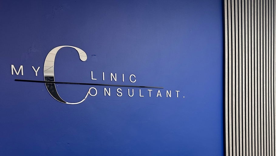 Blue wall with My Clinic Consultant signage in Chorley, England, GB.