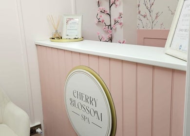 Cherry Blossom Spa reception area with elegant decor in Leyland, England, GB.