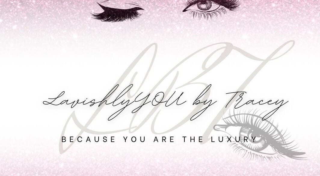 Elegant graphic of eyes with 'LavishlyYOU By Tracey' logo in Edenvale, Gauteng, ZA over a pink glitter background.