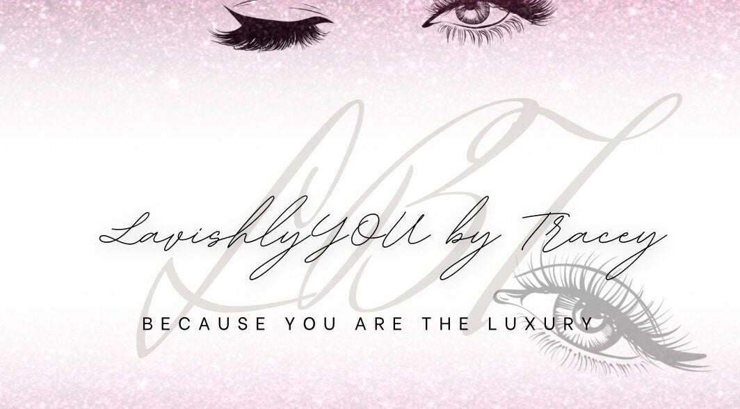 Elegant graphic of eyes with 'LavishlyYOU By Tracey' logo in Edenvale, Gauteng, ZA over a pink glitter background.