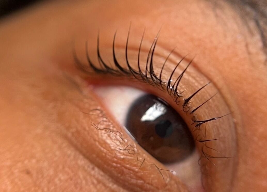 Close-up of a client's enhanced eyelashes at Valeria’s BEAUTY LAB, Badalona, Catalunya, ES.