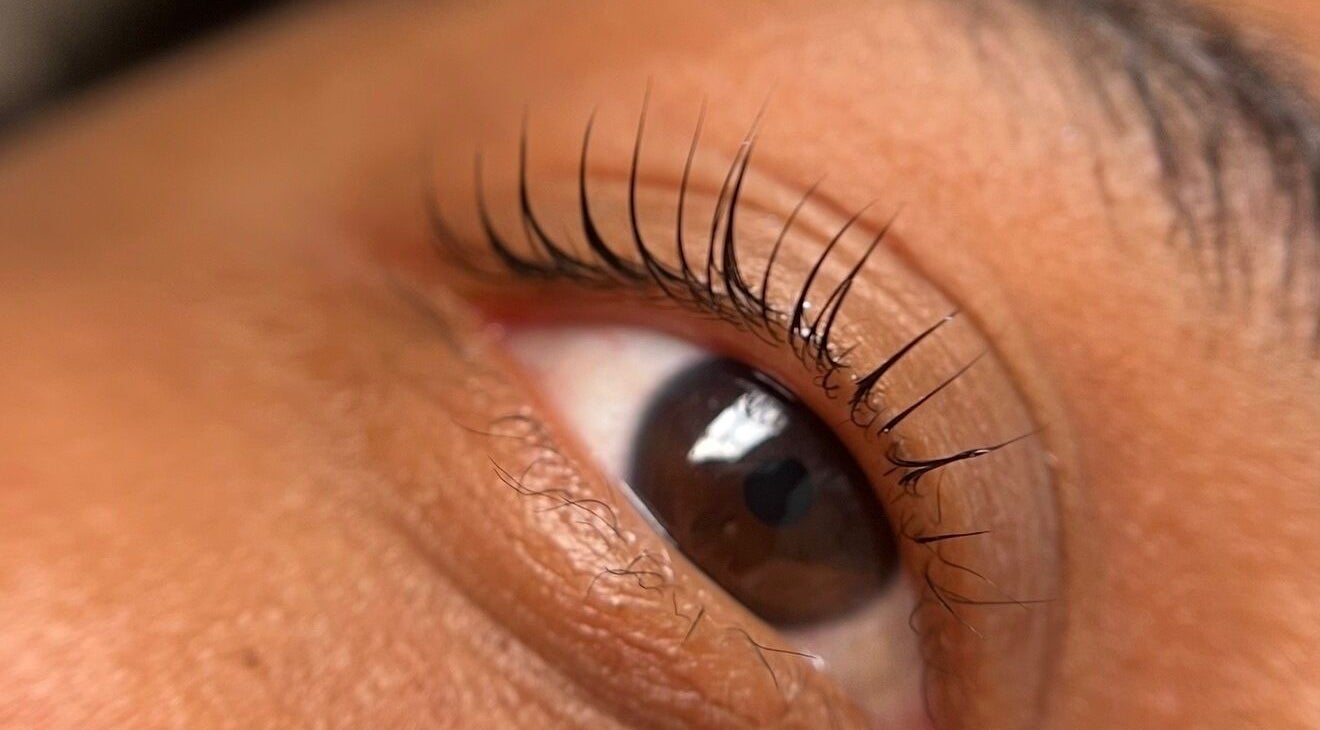 Close-up of a client's enhanced eyelashes at Valeria’s BEAUTY LAB, Badalona, Catalunya, ES.