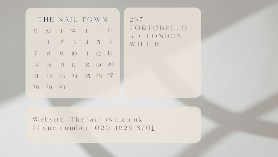 Calendar for THE NAIL TOWN, London, England, GB with contact details in soft gray background.