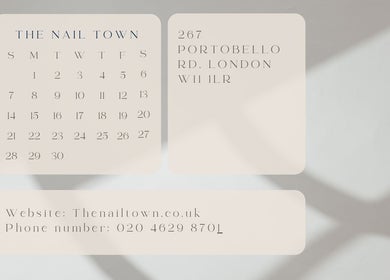Calendar for THE NAIL TOWN, London, England, GB with contact details in soft gray background.