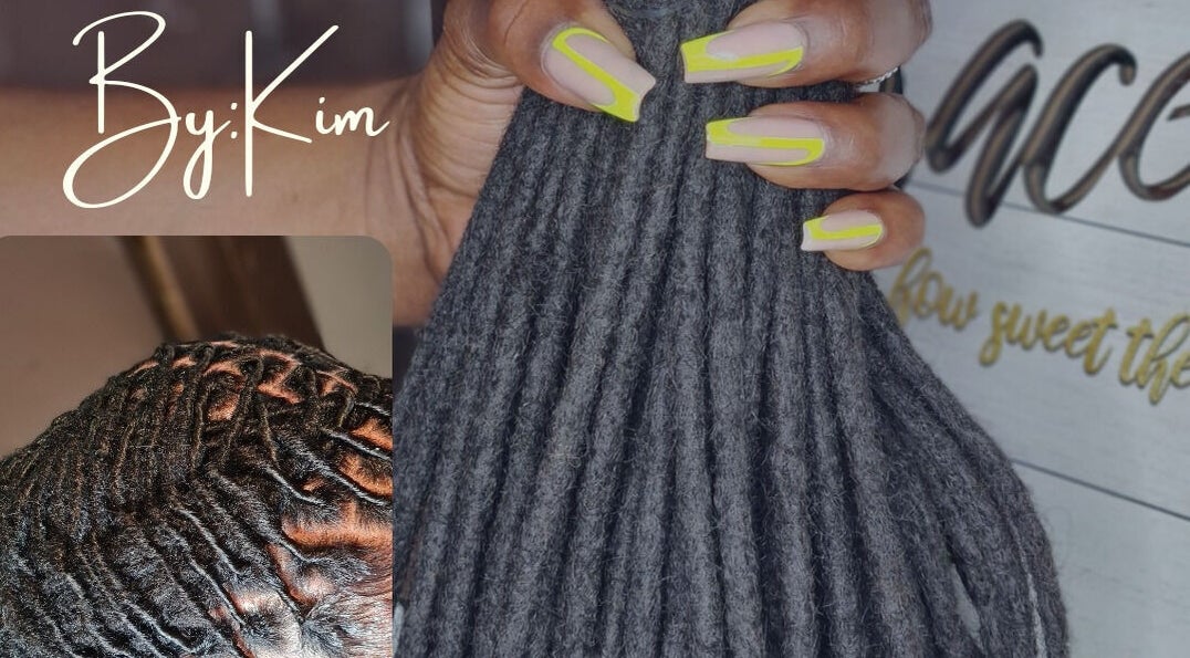 Intricately styled black locs with neon nails at New Growth Beauty Salon, Freeport, Freeport, BS.