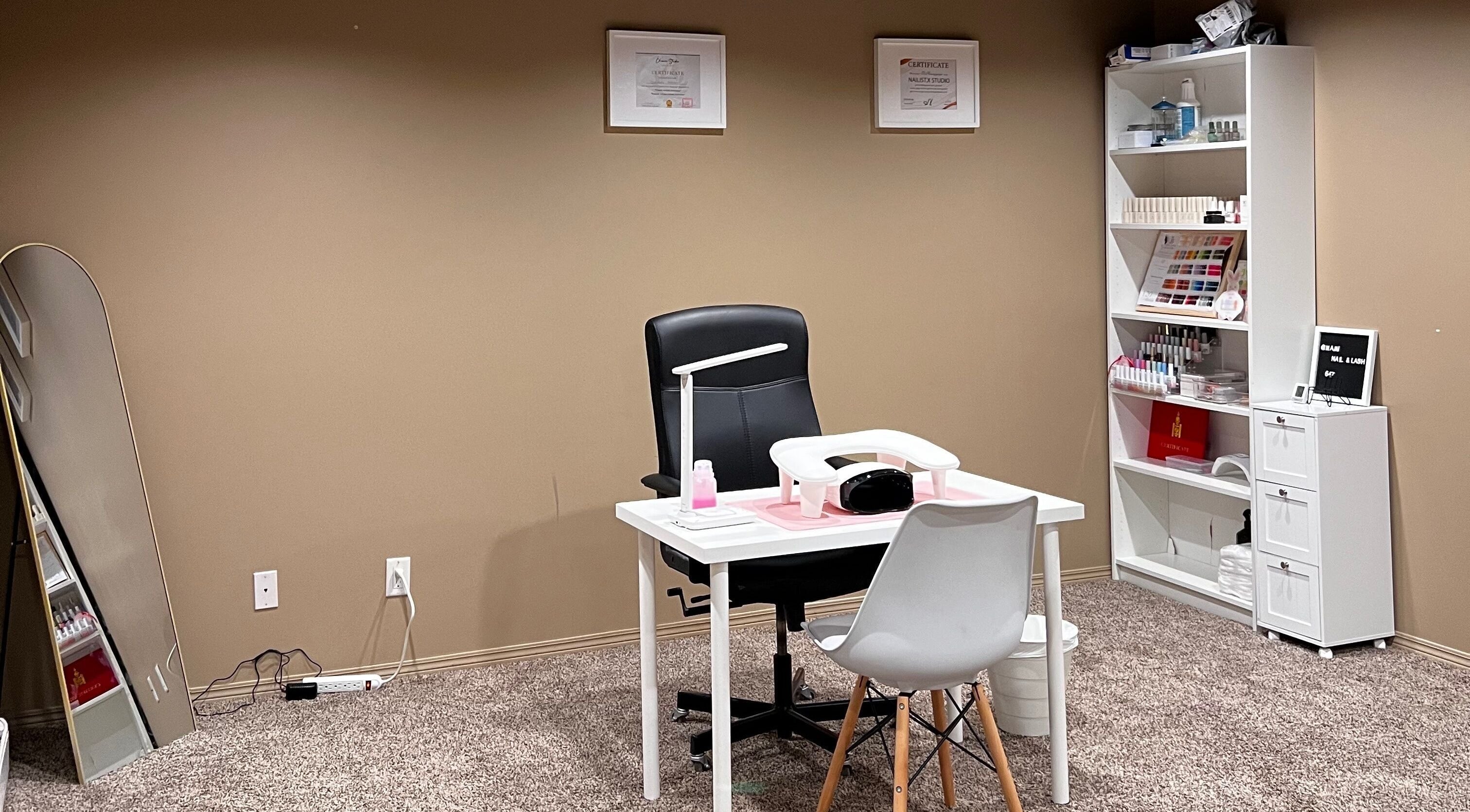 Modern nail care station at Nami Nails and Lash, Calgary, Alberta, CA, showcasing tools and services.