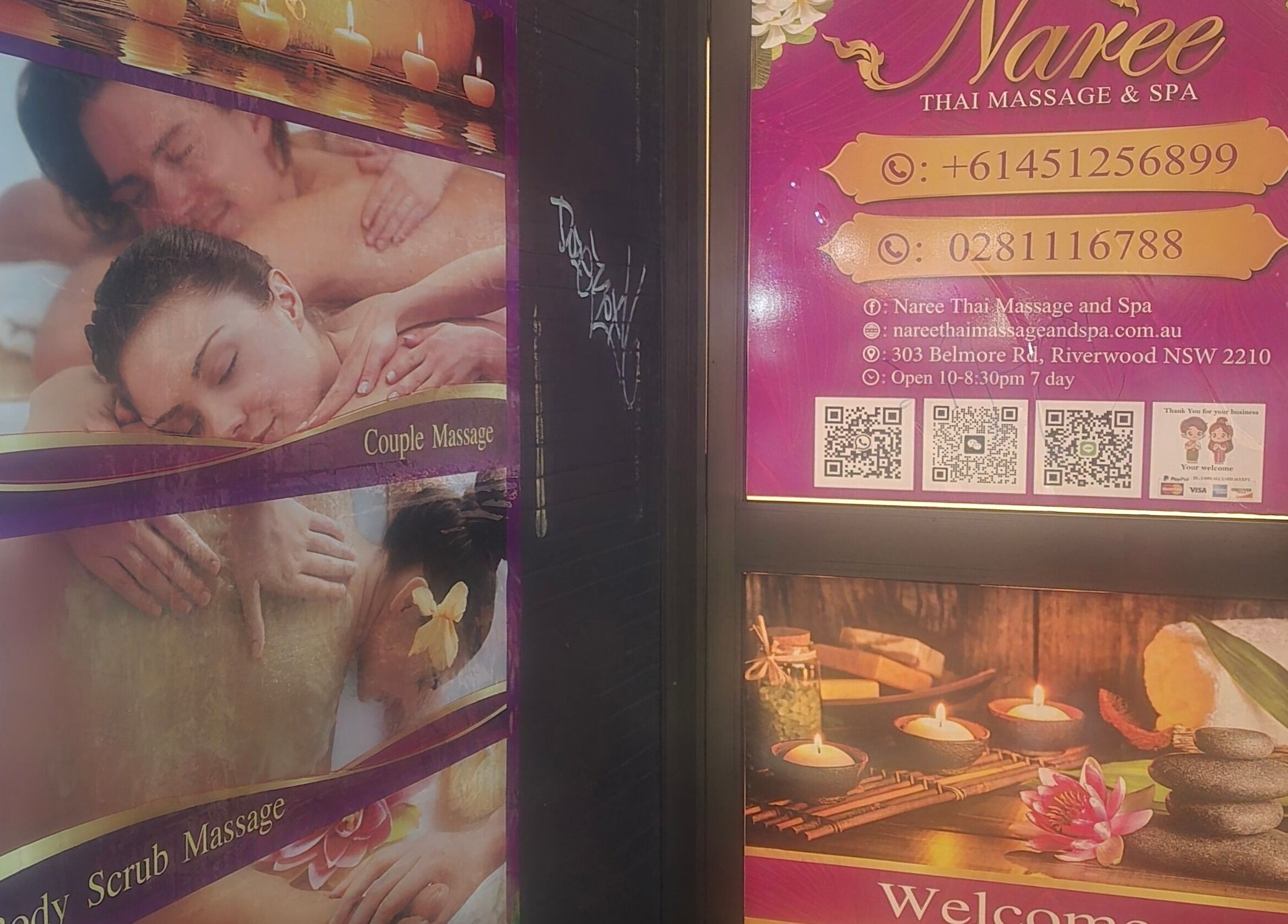 Nareethaimassageandspa entrance showcasing spa offerings at Riverwood, New South Wales, AU.