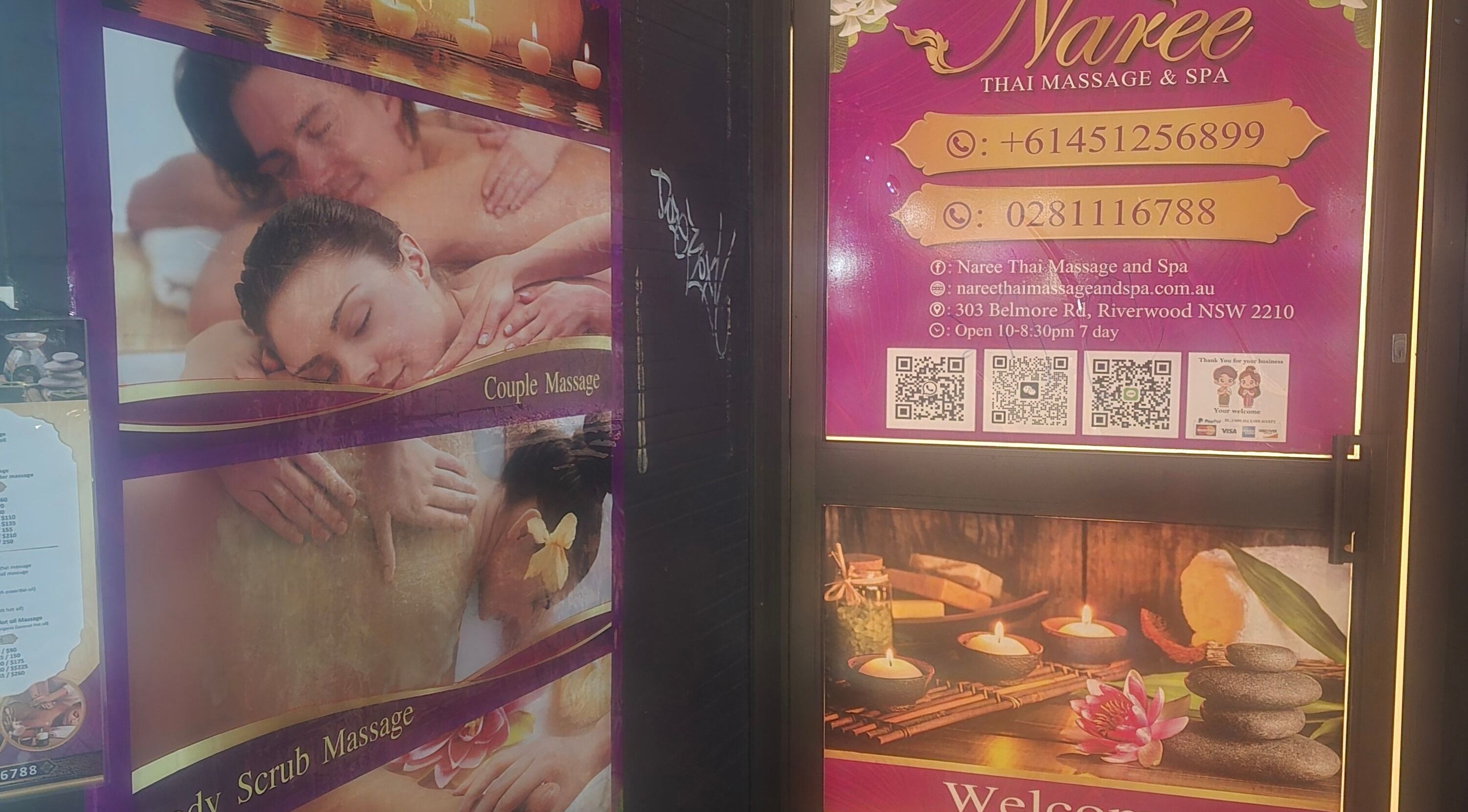 Nareethaimassageandspa entrance showcasing spa offerings at Riverwood, New South Wales, AU.