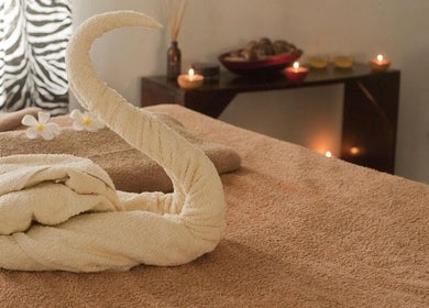 Luxurious towel arrangement at Peaceful Moment Thai Massage, Christchurch, Canterbury Region, NZ spa setting.
