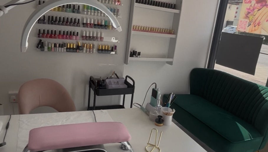 Leannasnailart salon in Dagenham, England, GB, featuring a stylish nail bar with polish display and modern seating.
