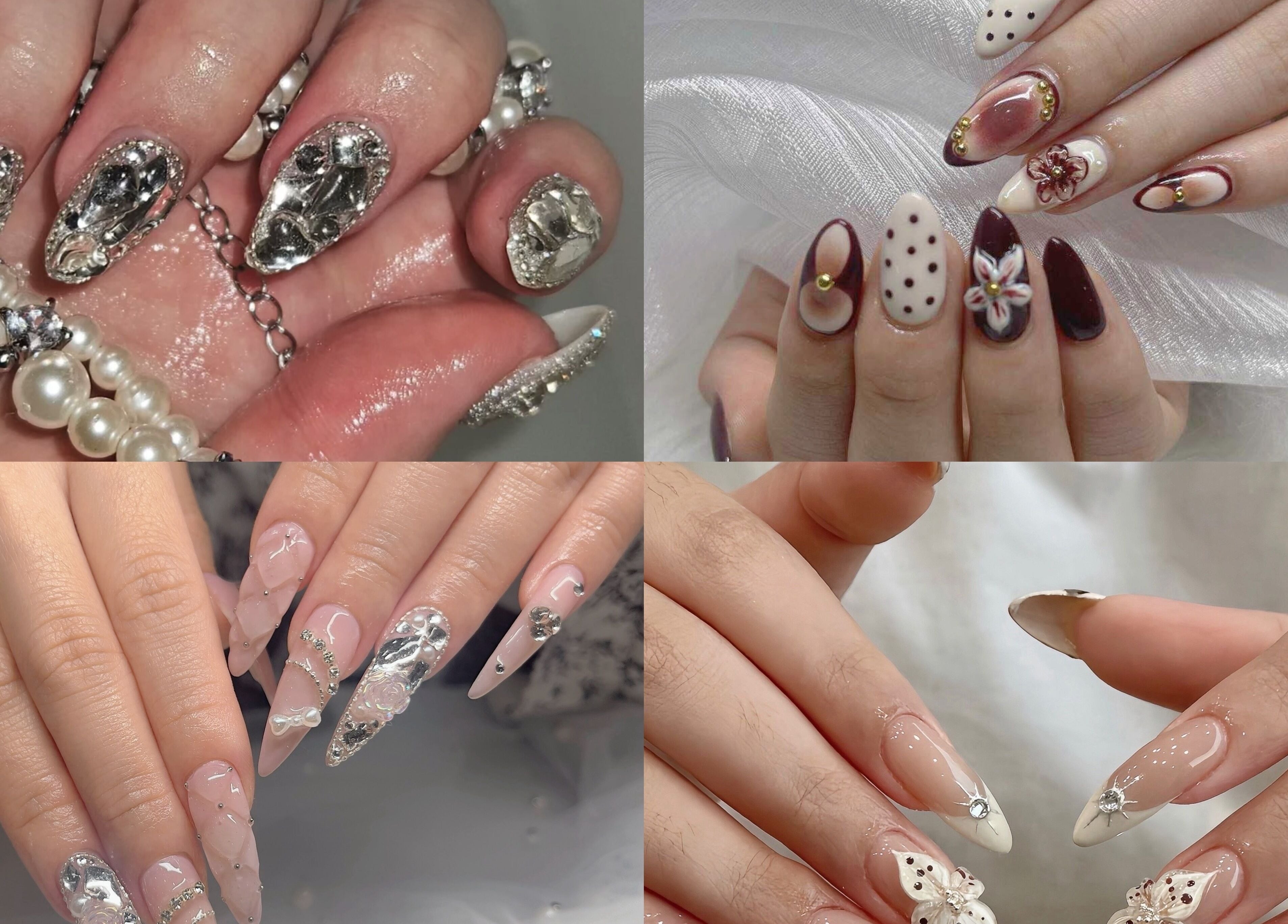 Nails Bar Shinjukuデザイン、真珠、宝石で飾られたネイル。場所: Shinjuku City, Tokyo, JP。