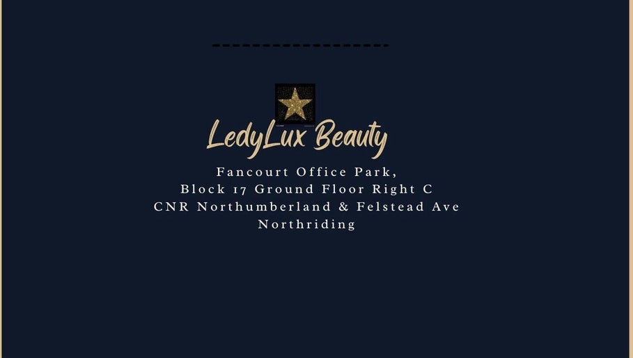 LedyLux Beauty logo with address in Johannesburg, Gauteng, ZA on a dark background.