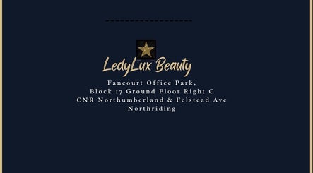 LedyLux Beauty logo with address in Johannesburg, Gauteng, ZA on a dark background.