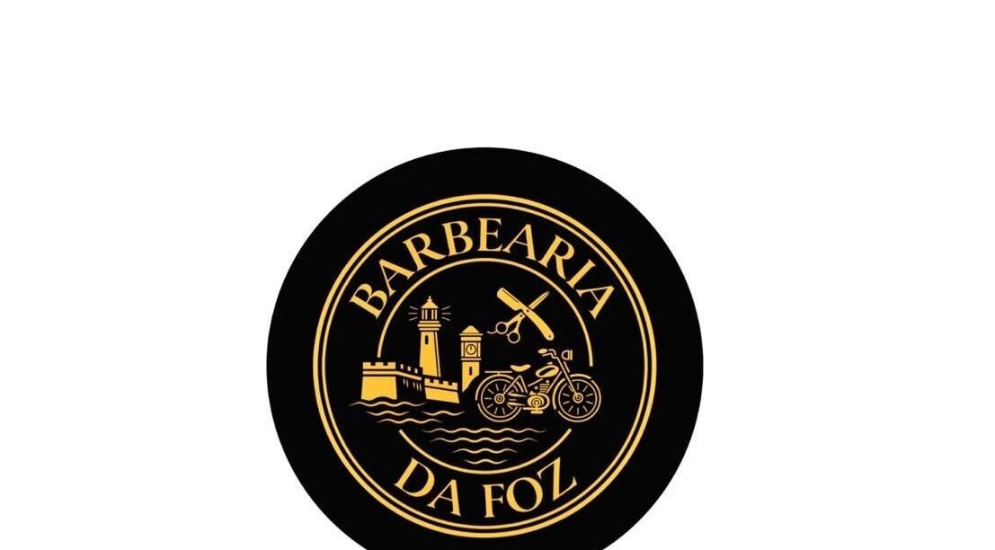 Logotipo circular da Barberia da Foz em Figueira Da Foz, Coimbra, PT, com ícones clássicos.
