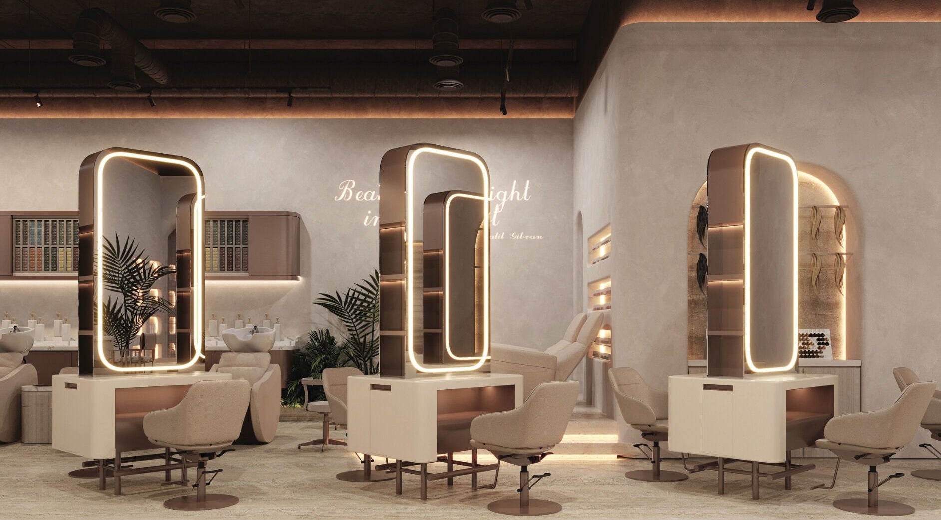 Modern interior of Kimia Salon, Dubai, AE featuring chic design and elegant styling stations.