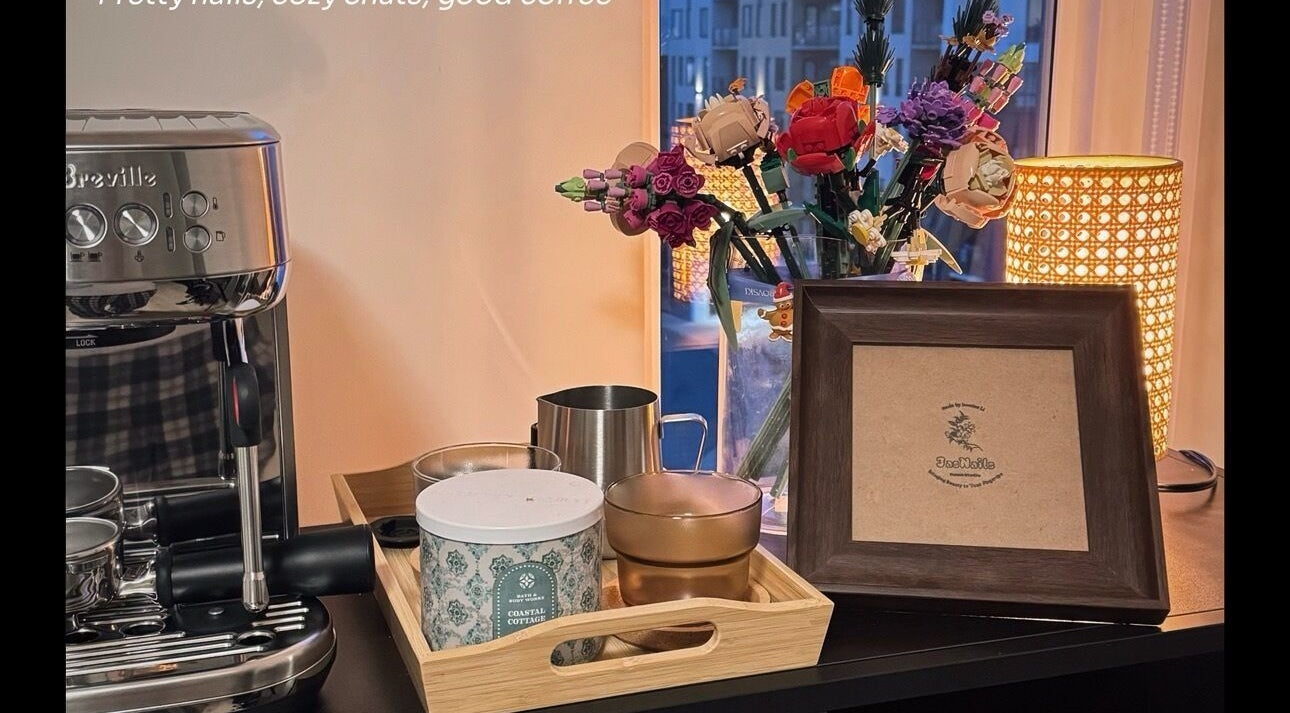 Coffee station with elegant decor at JasNail Studio, Halifax, Nova Scotia, CA for a relaxing ambiance.