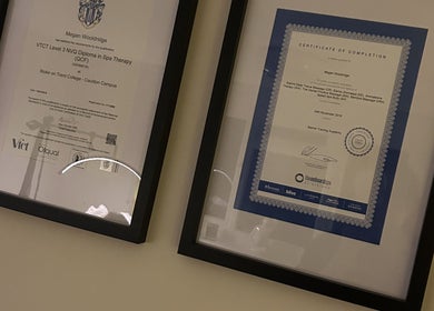 Framed certificates at The Retreat at Salon Nine, Stone, England, GB showcasing spa and massage qualifications.