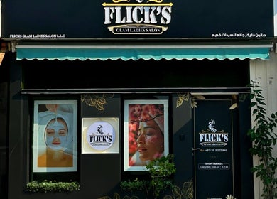 Exterior of Flicks Glam Ladies Salon in Dubai, AE with stylish branding and artwork.