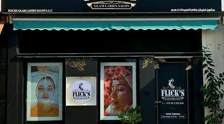 Exterior of Flicks Glam Ladies Salon in Dubai, AE with stylish branding and artwork.