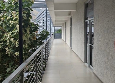 Outdoor corridor at Dr. Orchid Dawkins/Skin Institute of Jamaica, Kingston, St. Andrew Parish, JM, featuring lush greenery.