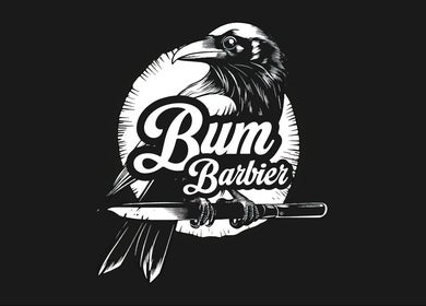 Logo artistique de BUM Barbershop à Montmagny, Québec, CA, avec un corbeau et une lame.