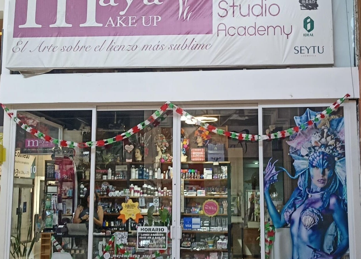 Entrance of Maya Make Up in Zapopan, Jalisco, MX, showcasing beauty products and festive decor.