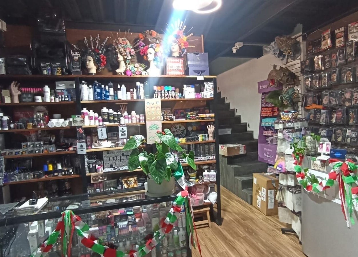 Maya Make Up beauty store interior with vibrant products on display, located in Zapopan, Jalisco, MX.