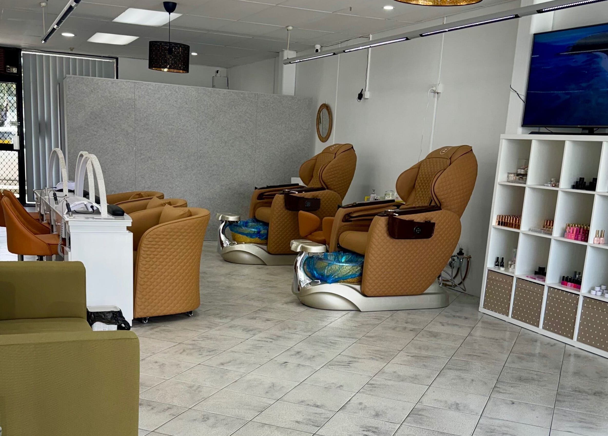 Modern pedicure chairs at Eloura Nail, Plympton, South Australia, AU. Spacious and stylish salon interior.