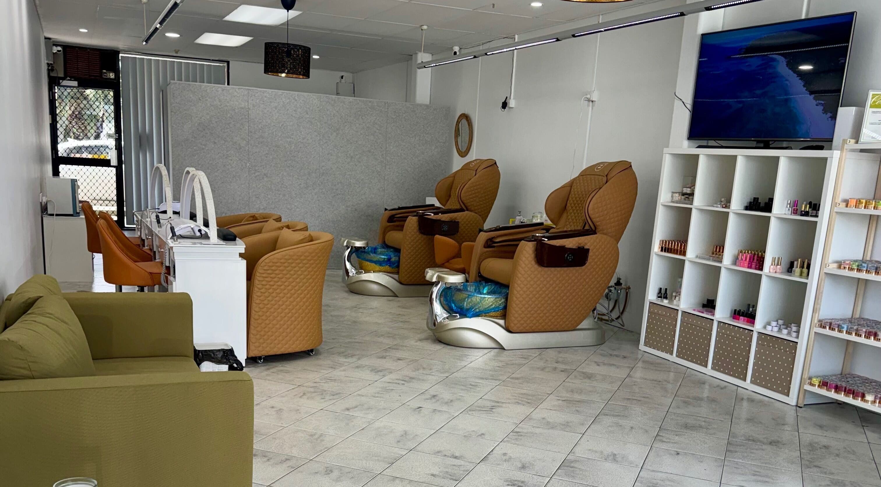 Modern pedicure chairs at Eloura Nail, Plympton, South Australia, AU. Spacious and stylish salon interior.