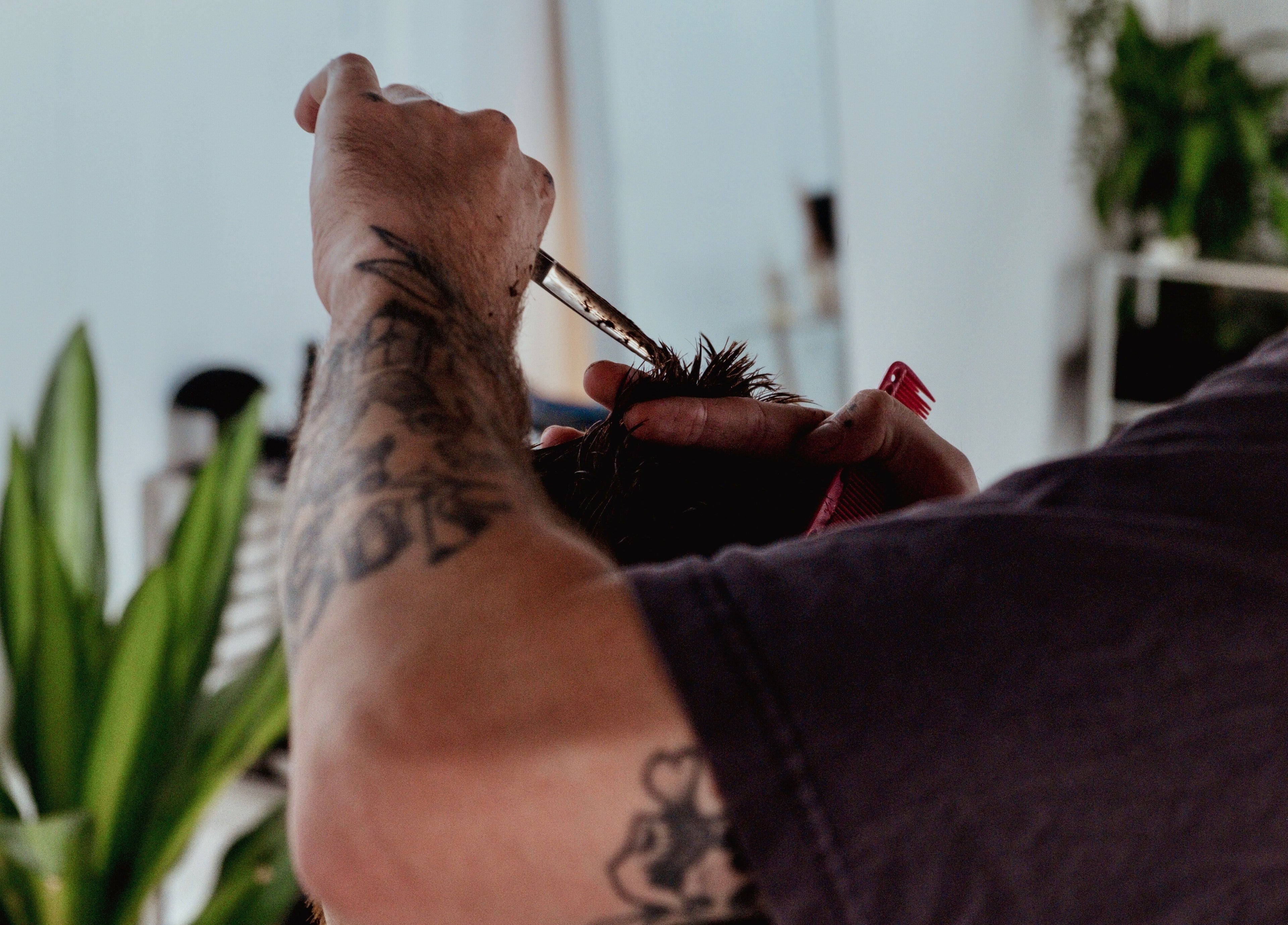 Tattooed stylist performs haircut at STUDIO.M, Camperdown, New South Wales, AU with plants in the background.