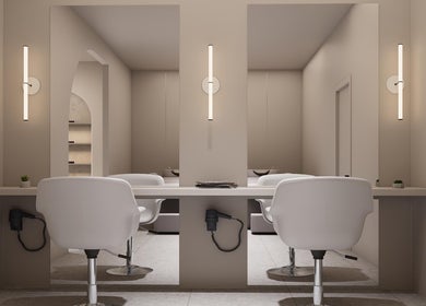 Modern salon interior with white chairs at LILS SALON in Cyberjaya, Selangor, MY.