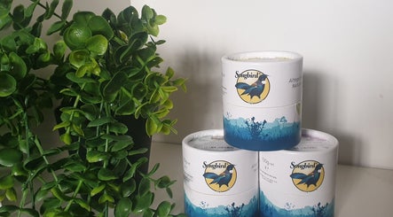 Songbird massage balms at Knotts Massage, Nottingham, England, GB, alongside lush green plants.