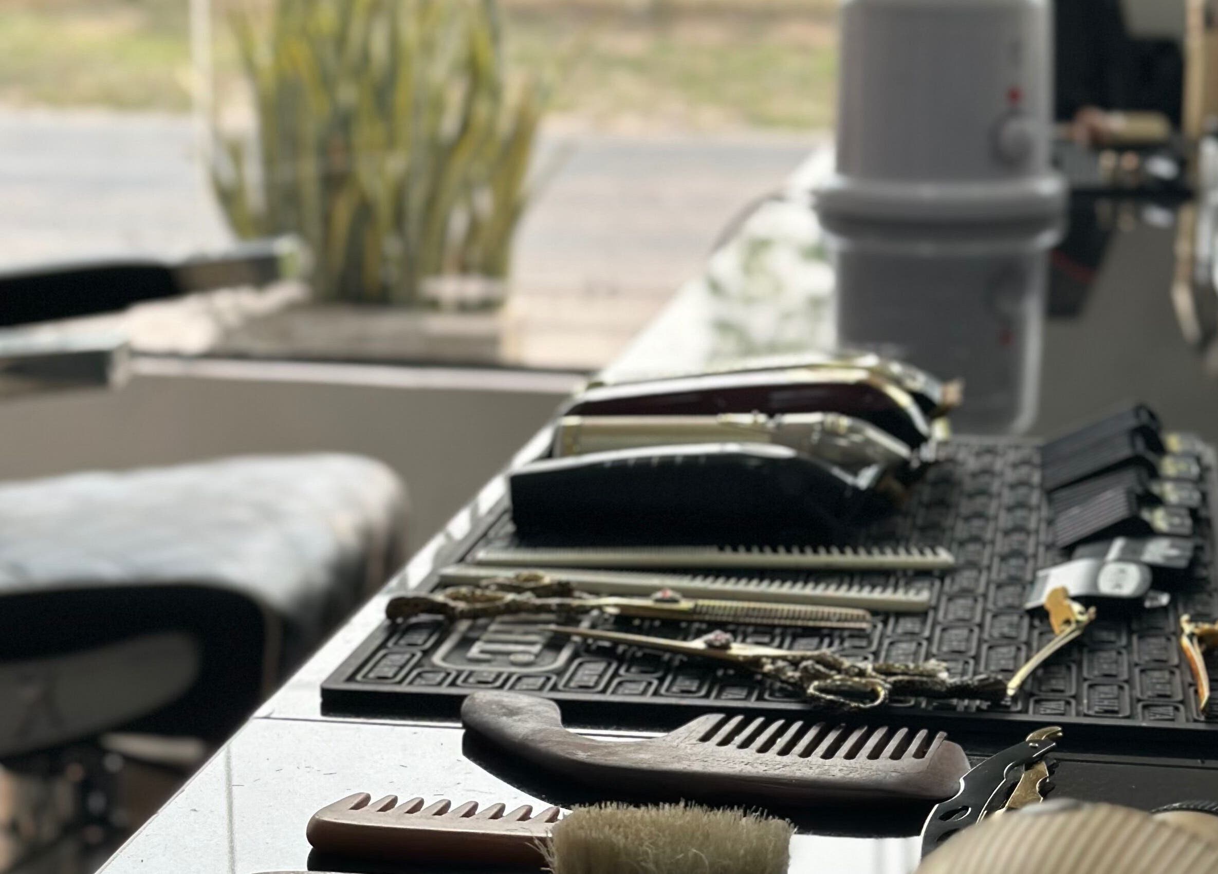 Barber Master tools on sleek counter in Santa Cruz De La Sierra, Departamento De Santa Cruz, BO.