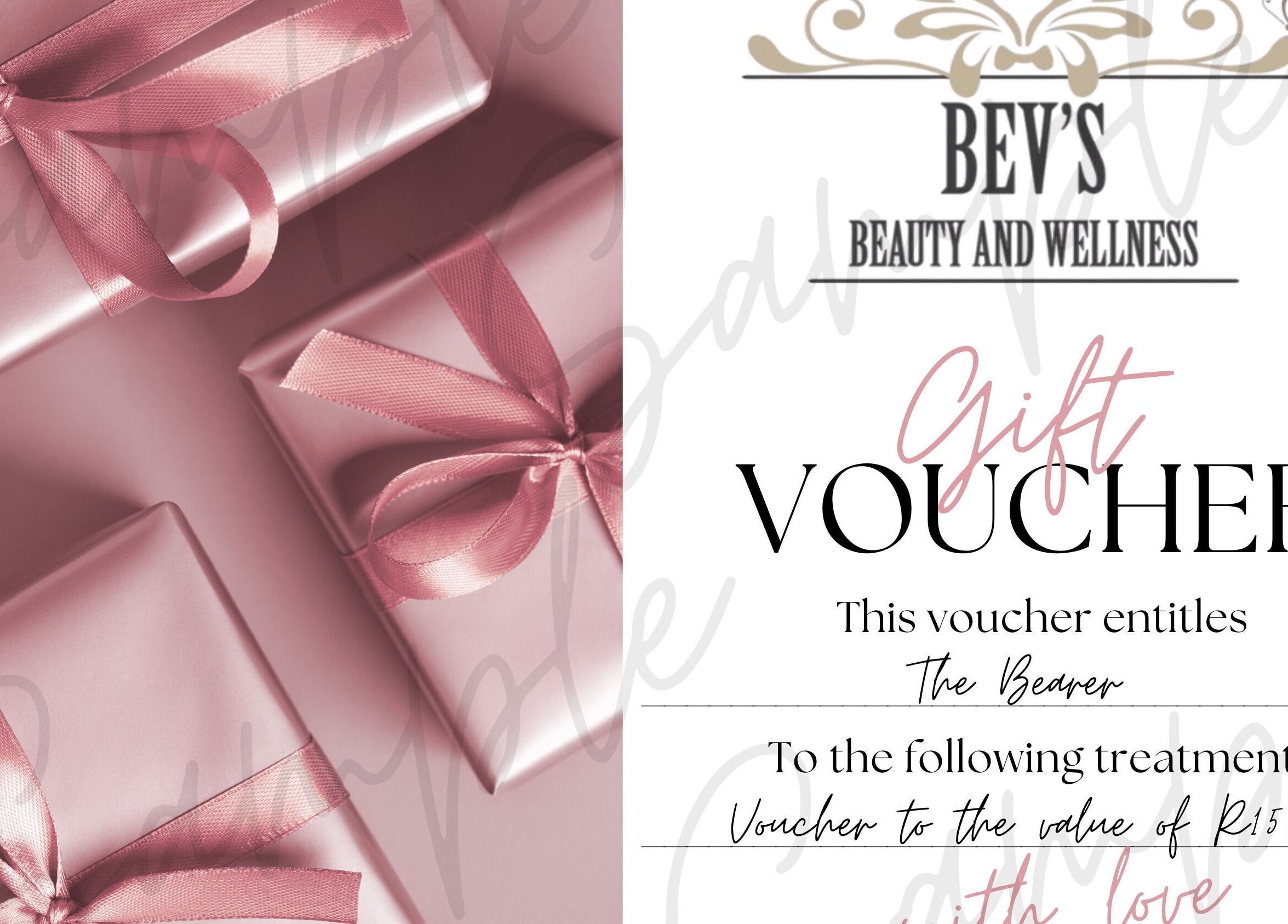 Pink gift vouchers at Bev's Beauty and Wellness Somerset West, Cape Town, Western Cape, ZA.