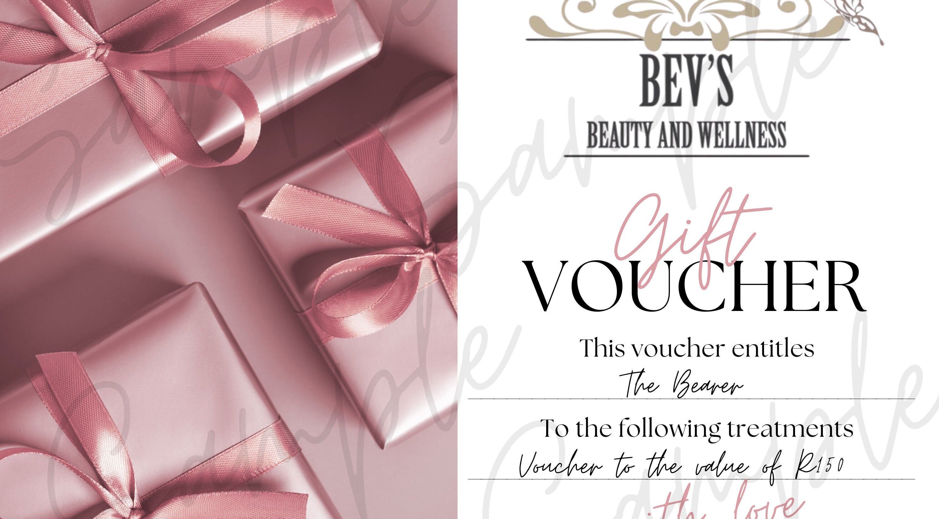 Pink gift vouchers at Bev's Beauty and Wellness Somerset West, Cape Town, Western Cape, ZA.